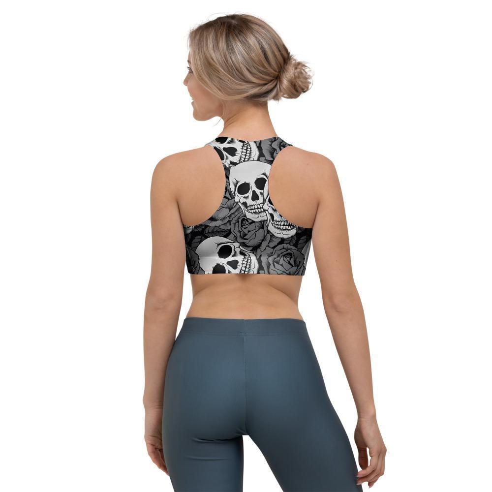 Black And White Rose Floral Skull Sports Bra-grizzshop