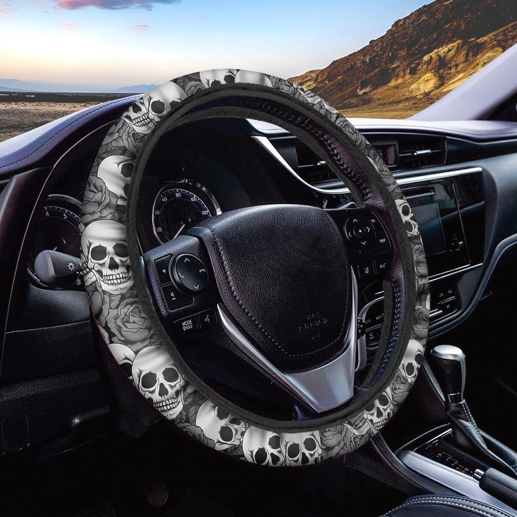 Black And White Rose Floral Skull Steering Wheel Cover-grizzshop