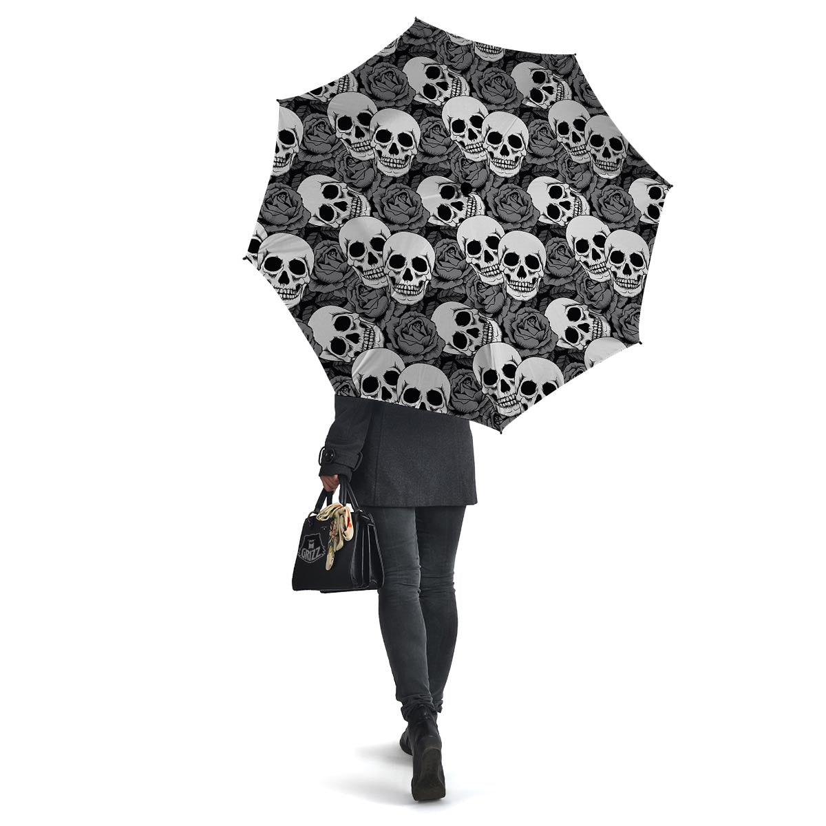 Black And White Rose Floral Skull Umbrella-grizzshop