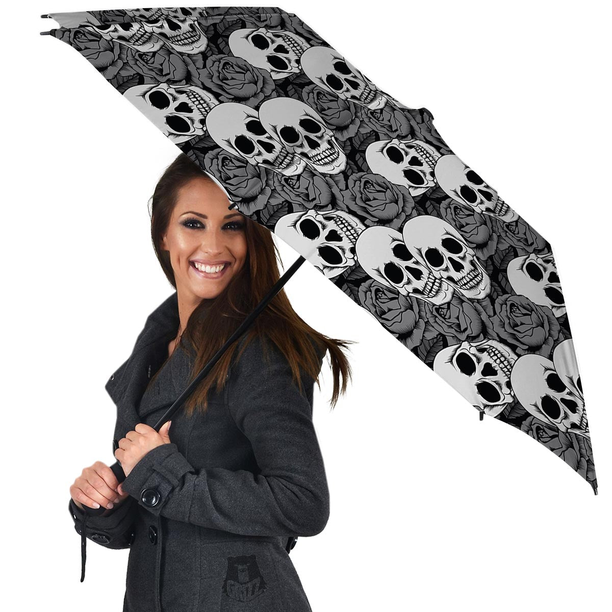 Black And White Rose Floral Skull Umbrella-grizzshop