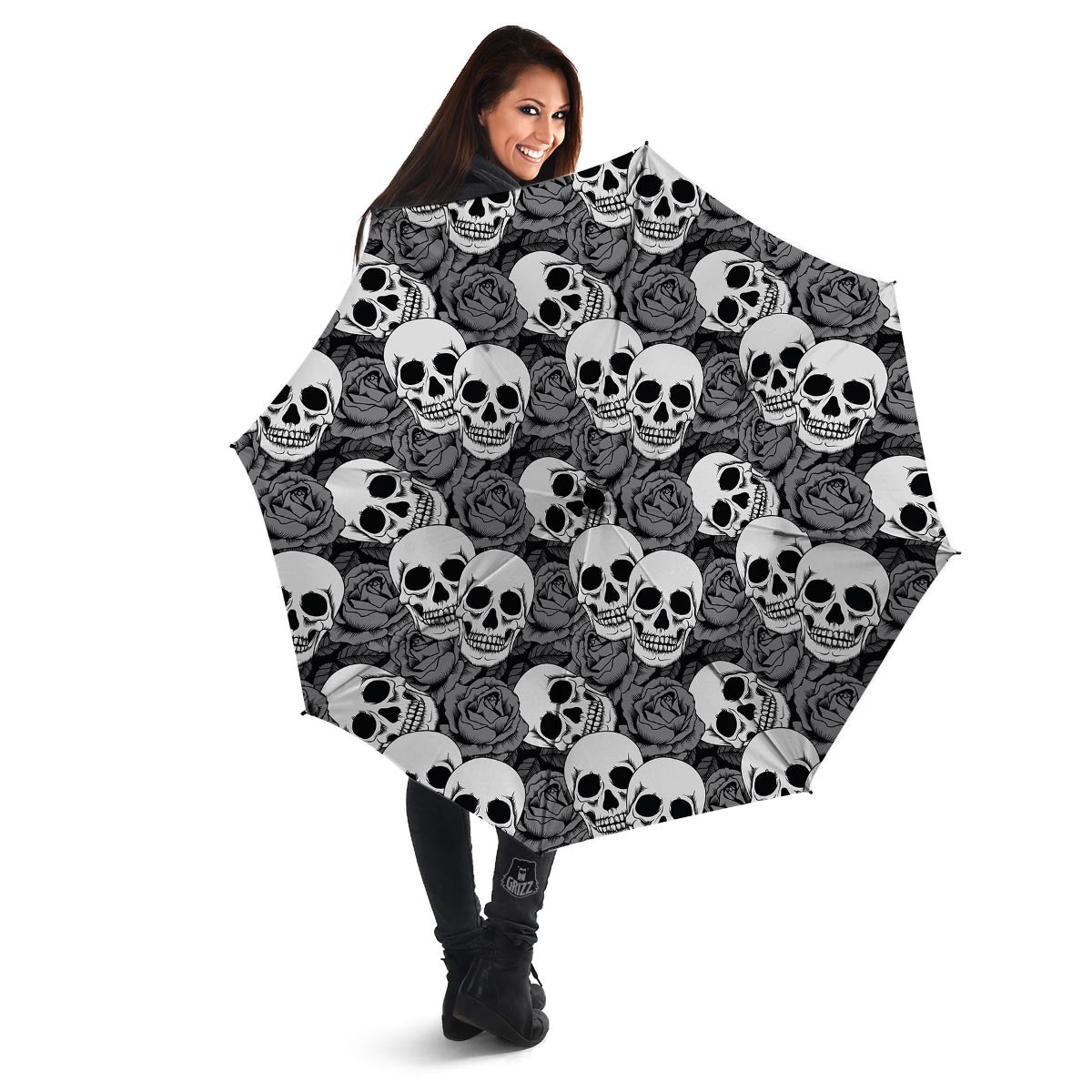 Black And White Rose Floral Skull Umbrella-grizzshop