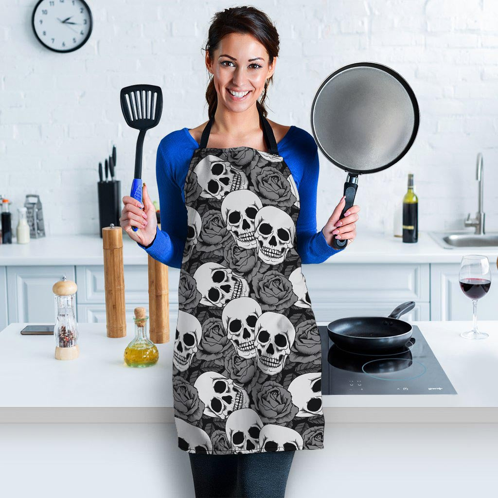 Black And White Rose Floral Skull Women's Apron-grizzshop