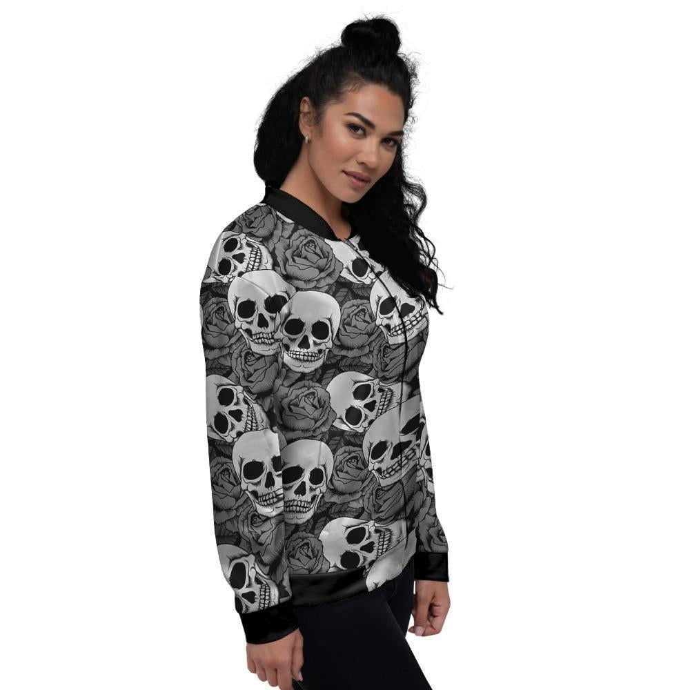 Black And White Rose Floral Skull Women's Bomber Jacket-grizzshop