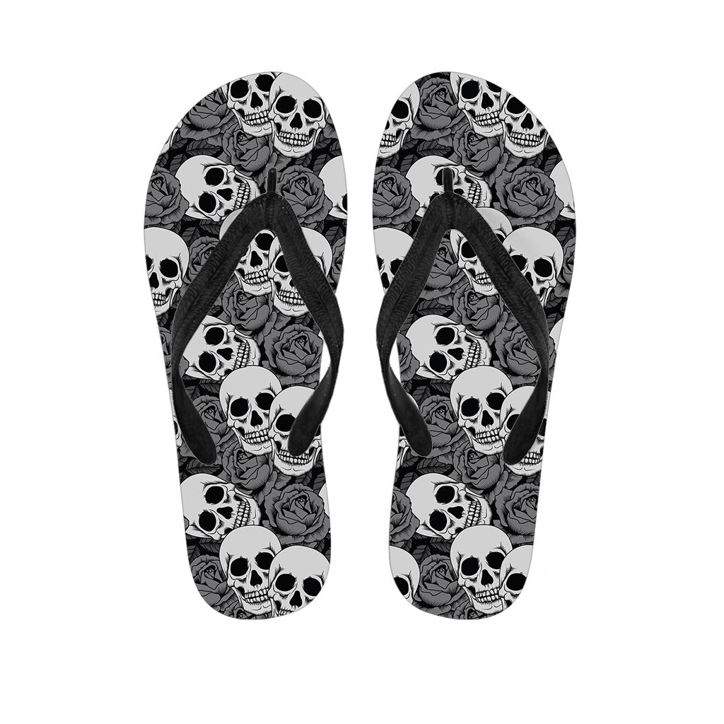 Black And White Rose Floral Skull Women's Flip Flops-grizzshop