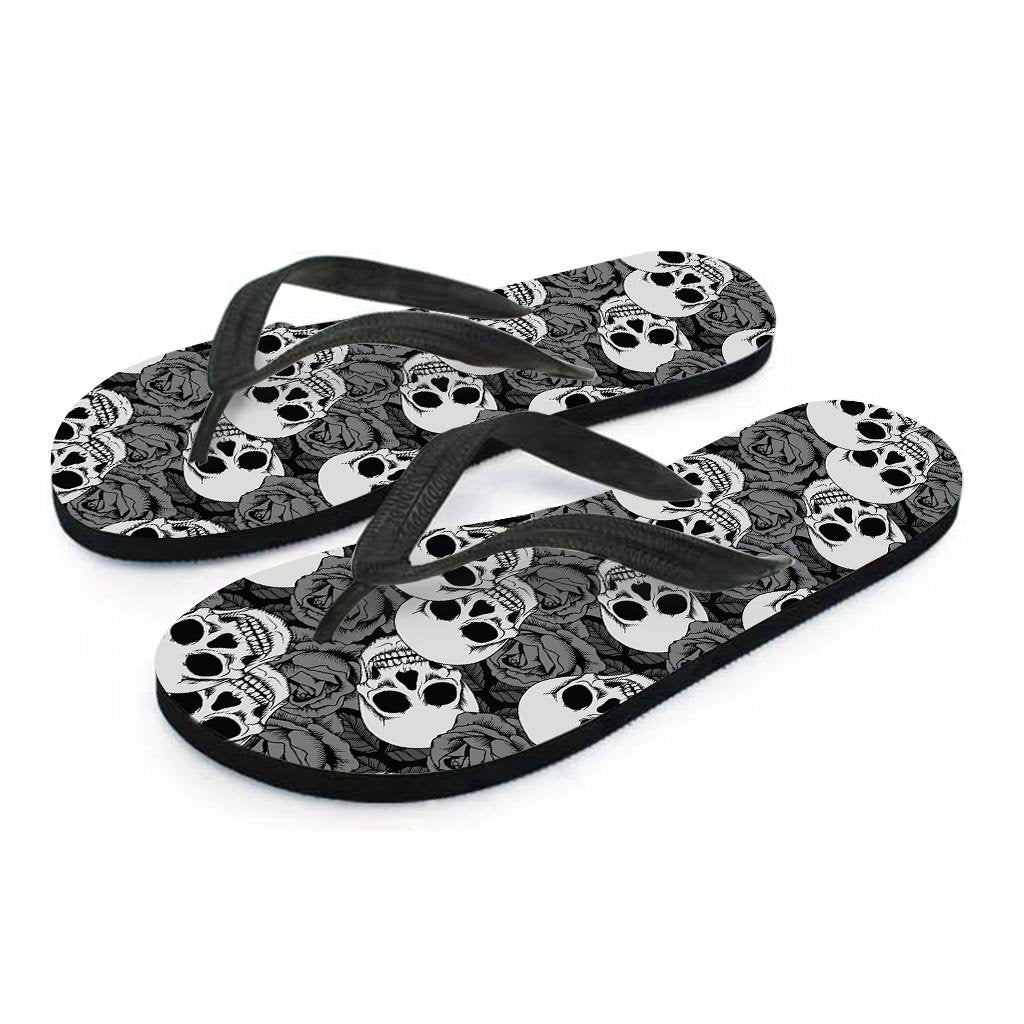 Black And White Rose Floral Skull Women's Flip Flops-grizzshop