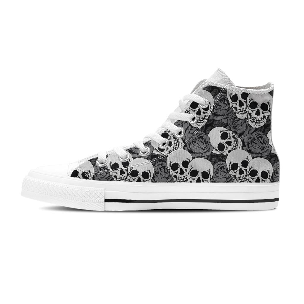 Black And White Rose Floral Skull Women's High Top Shoes-grizzshop