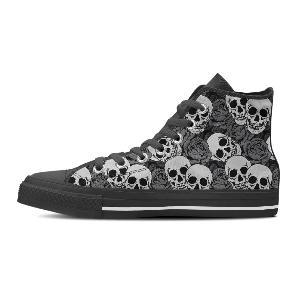 Black And White Rose Floral Skull Women's High Top Shoes-grizzshop