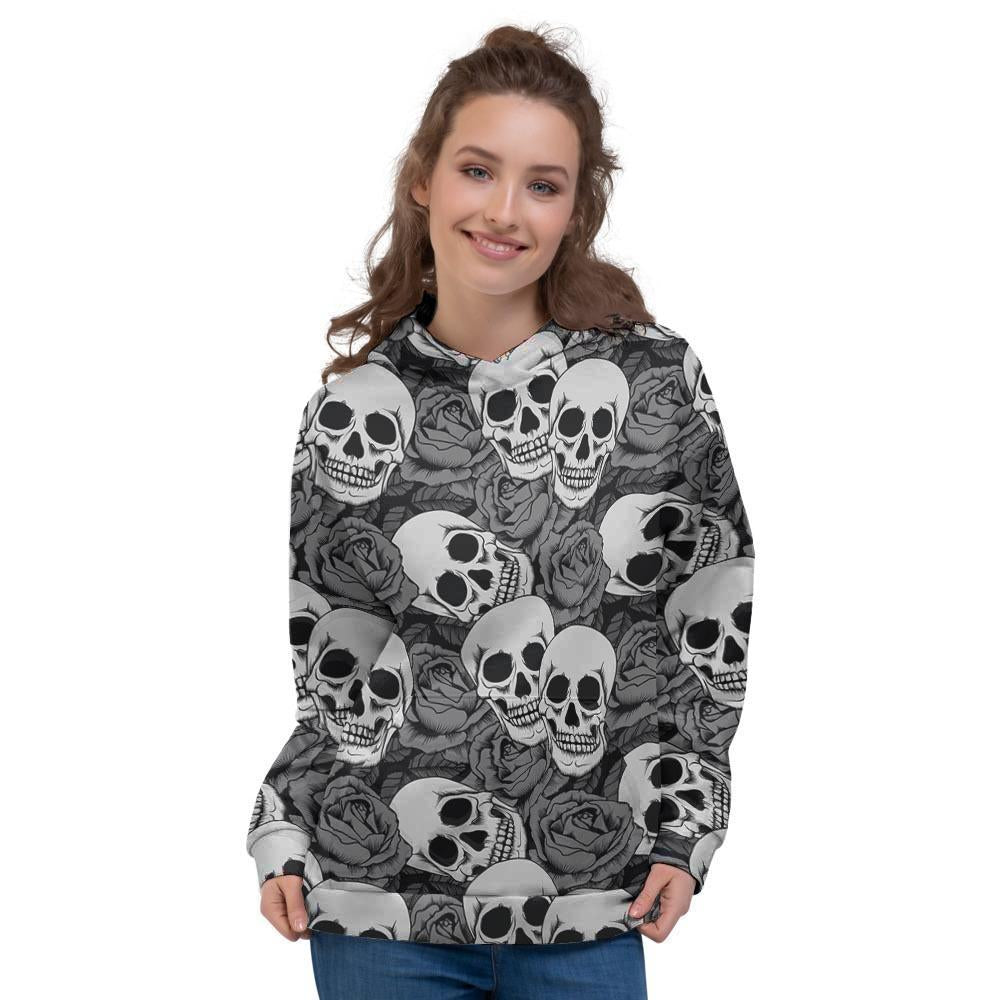 Black And White Rose Floral Skull Women's Hoodie-grizzshop