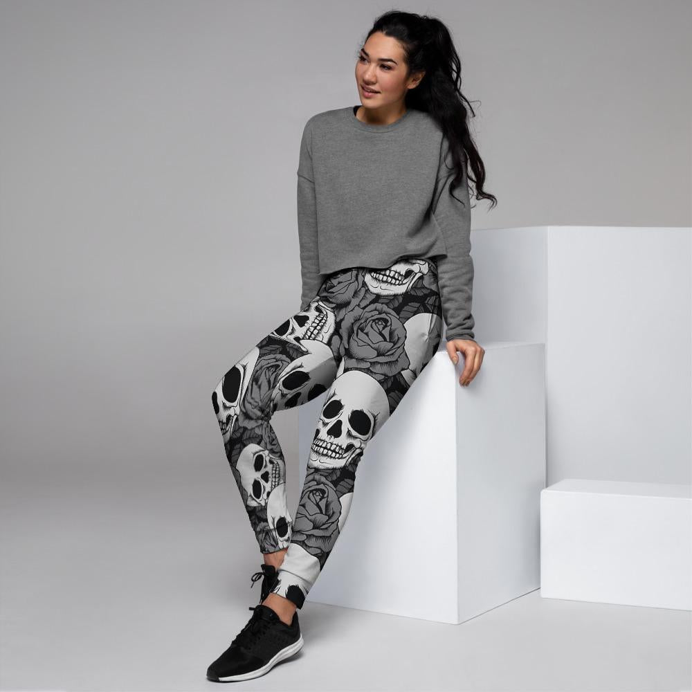 Black And White Rose Floral Skull Women's Joggers-grizzshop