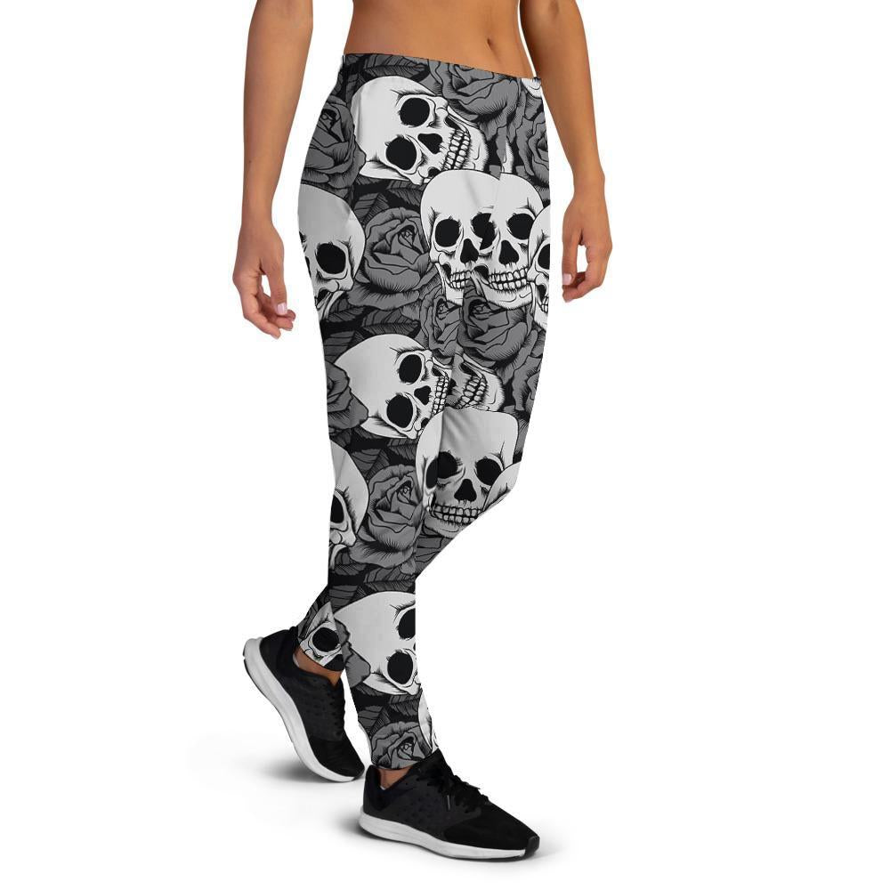 Black And White Rose Floral Skull Women's Joggers-grizzshop