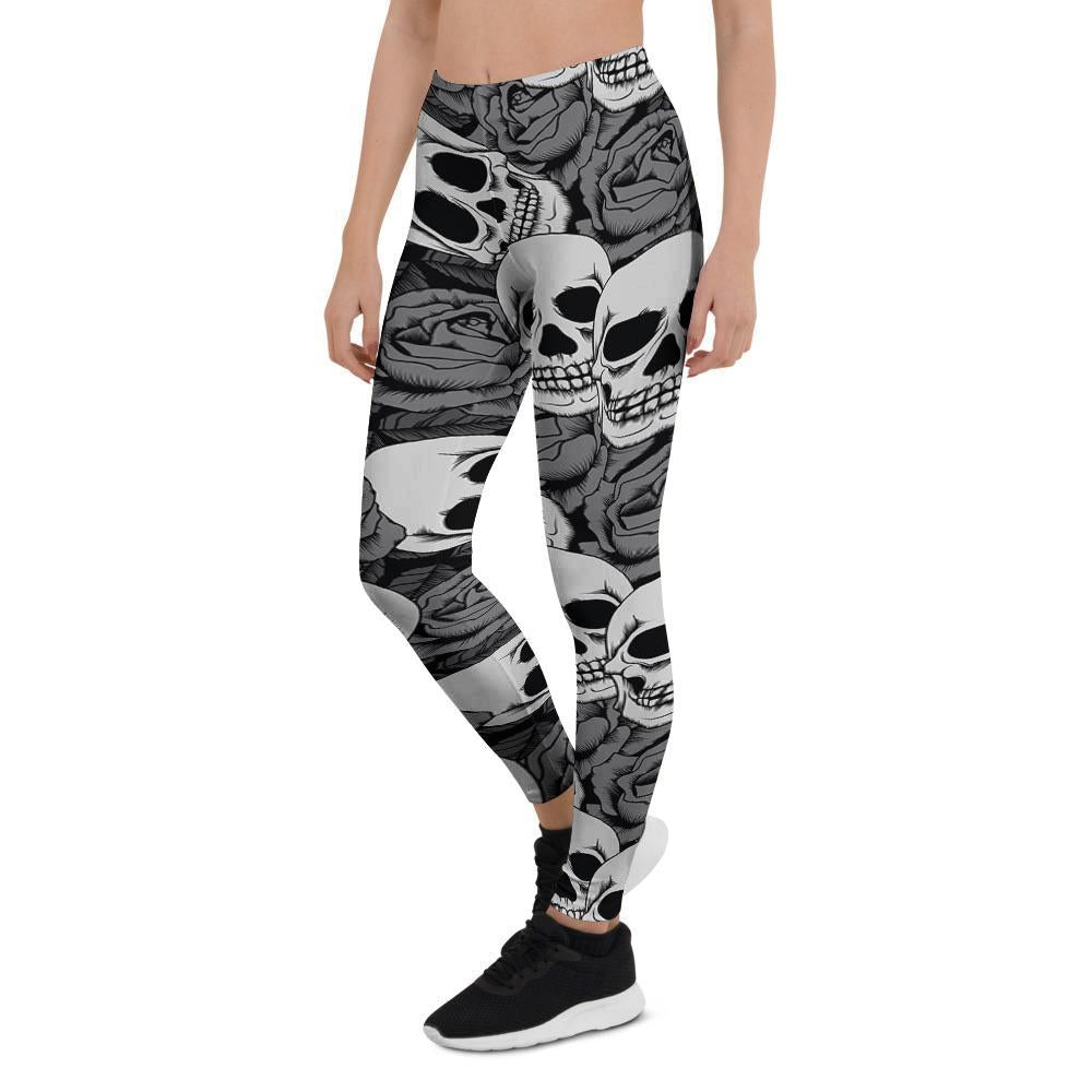 Black And White Rose Floral Skull Women's Leggings-grizzshop