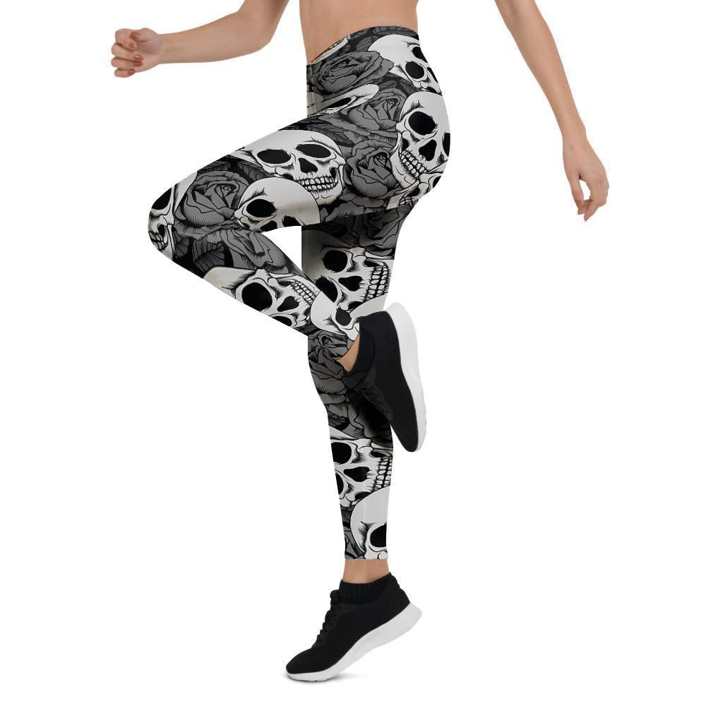 Black And White Rose Floral Skull Women's Leggings-grizzshop