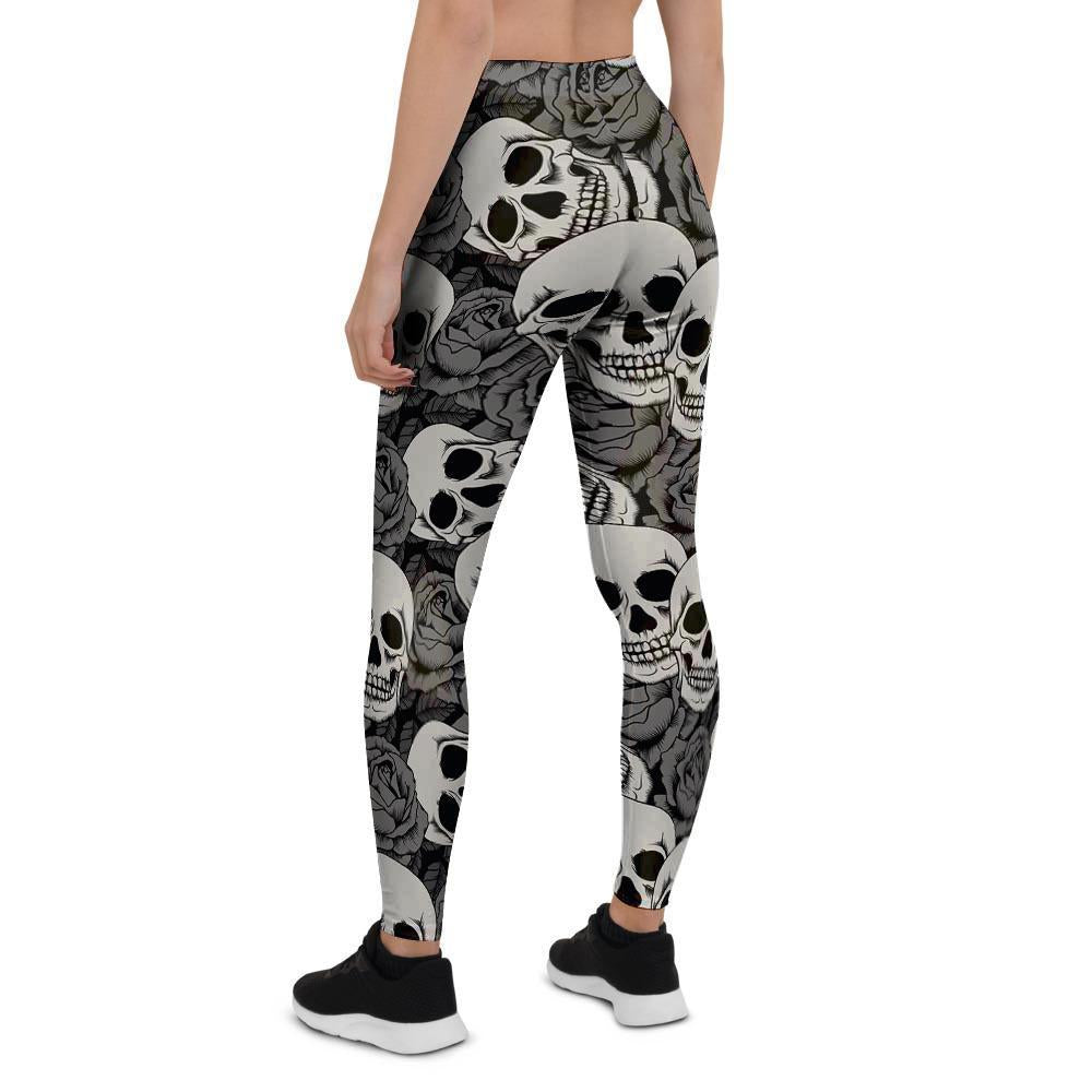 Black And White Rose Floral Skull Women's Leggings-grizzshop