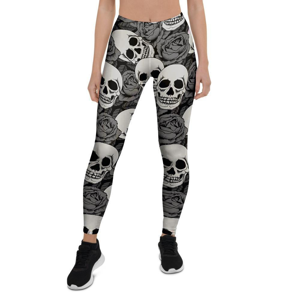 Black And White Rose Floral Skull Women's Leggings-grizzshop