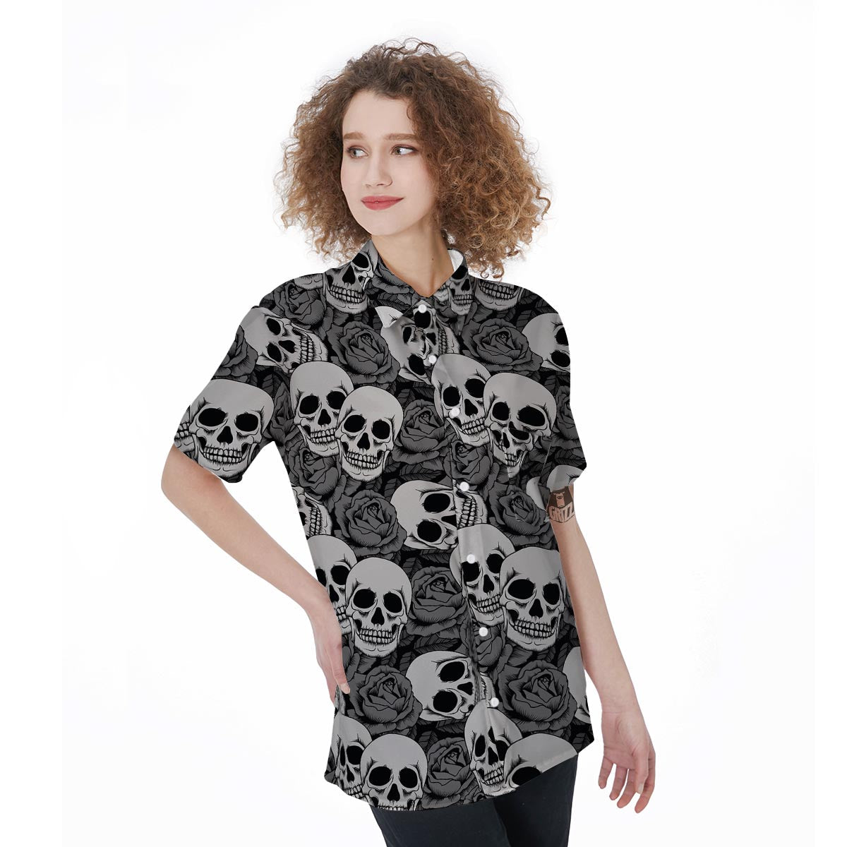 Black And White Rose Floral Skull Women's Short Sleeve Shirts-grizzshop