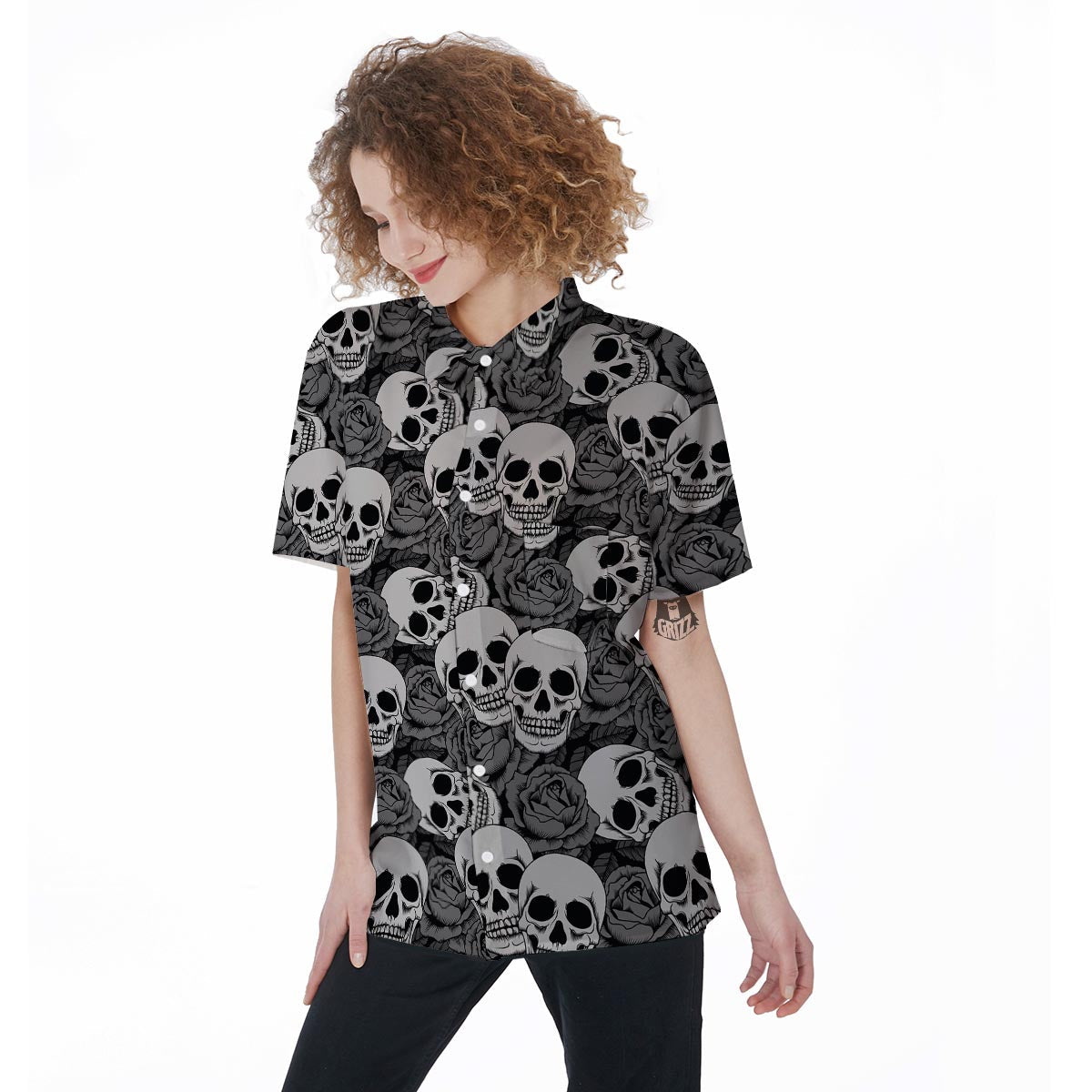 Black And White Rose Floral Skull Women's Short Sleeve Shirts-grizzshop