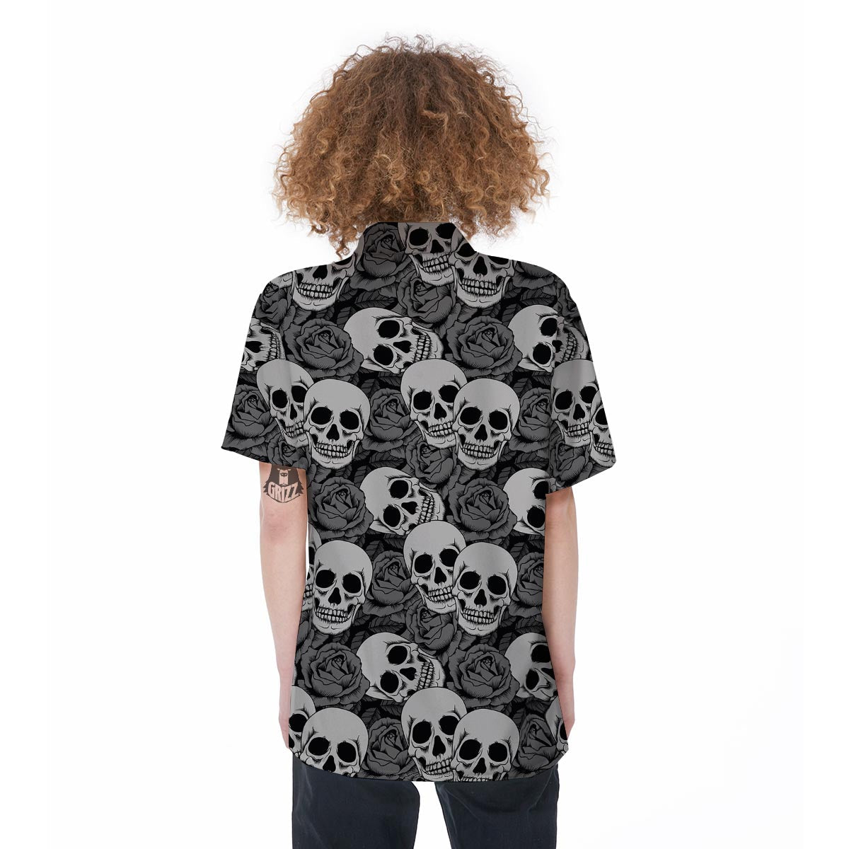 Black And White Rose Floral Skull Women's Short Sleeve Shirts-grizzshop