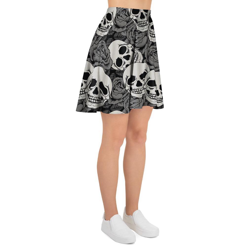 Black And White Rose Floral Skull Women's Skirt-grizzshop