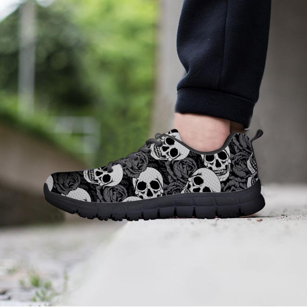 Black And White Rose Floral Skull Women's Sneakers-grizzshop