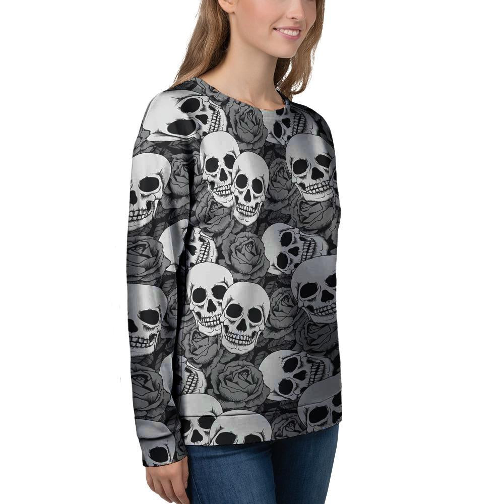 Black And White Rose Floral Skull Women's Sweatshirt-grizzshop