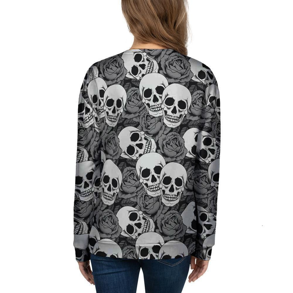 Black And White Rose Floral Skull Women's Sweatshirt-grizzshop