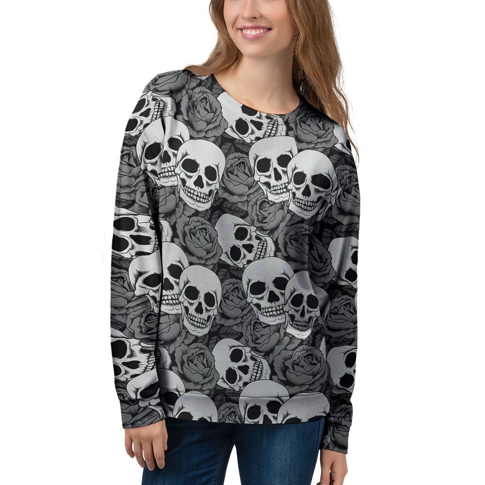 Black And White Rose Floral Skull Women's Sweatshirt-grizzshop