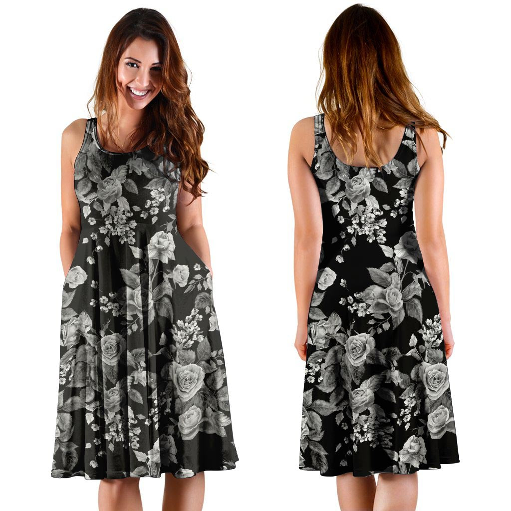 Black And White Rose Flower Dress-grizzshop