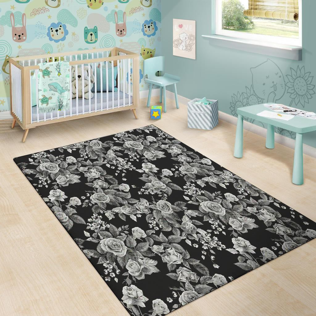 Black And White Rose Flower Floor Mat-grizzshop