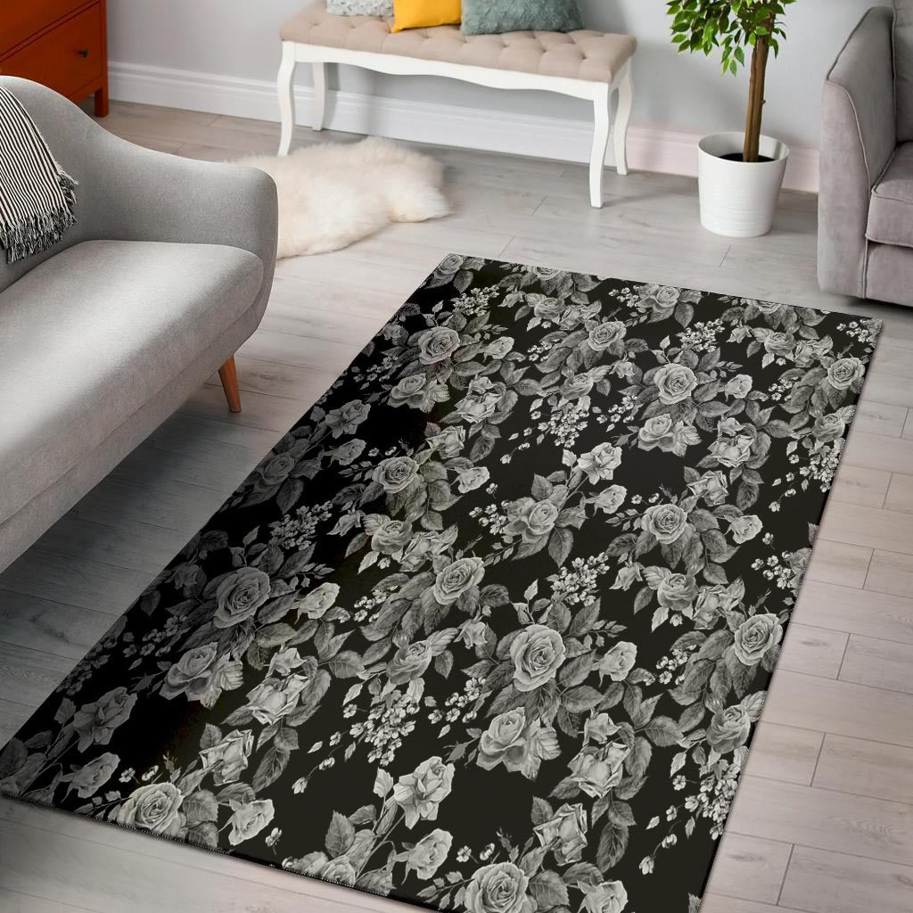 Black And White Rose Flower Floor Mat-grizzshop