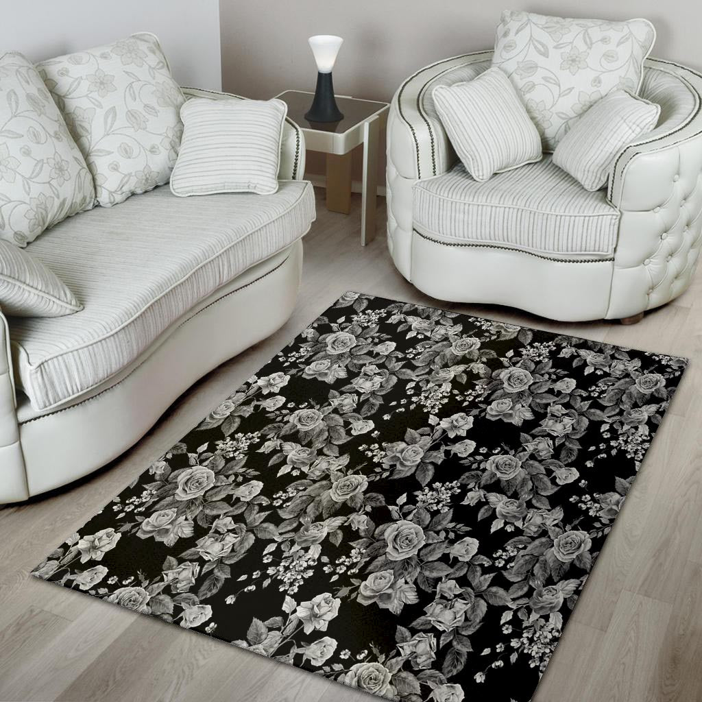 Black And White Rose Flower Floor Mat-grizzshop