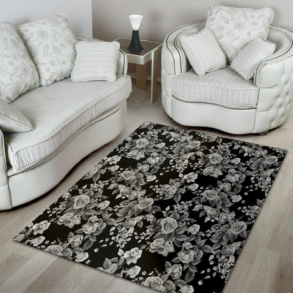 Black And White Rose Flower Floor Mat