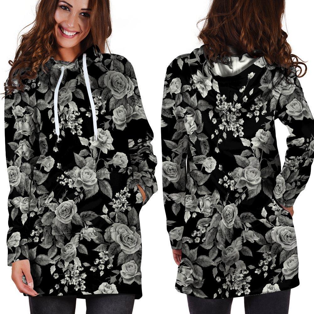 Black And White Rose Flower Hoodie Dress-grizzshop