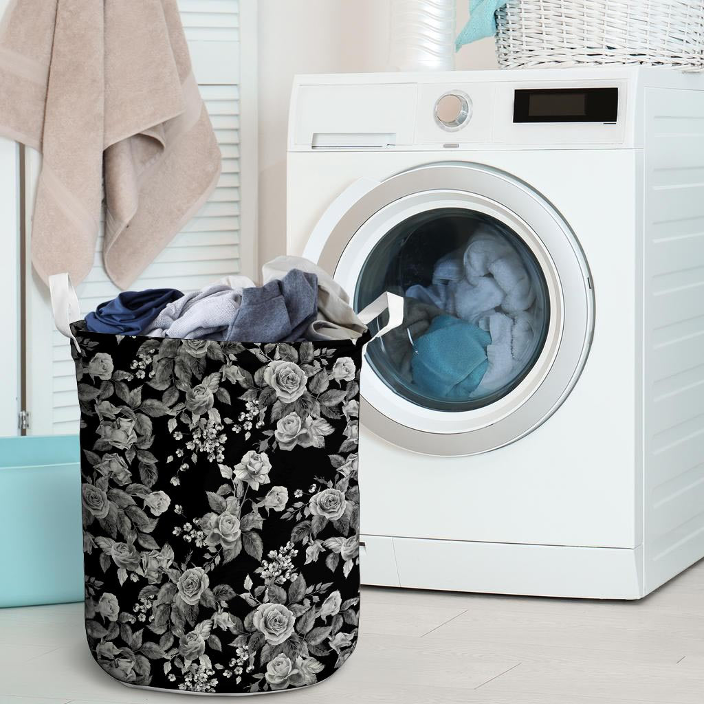 Black And White Rose Flower Laundry Basket-grizzshop