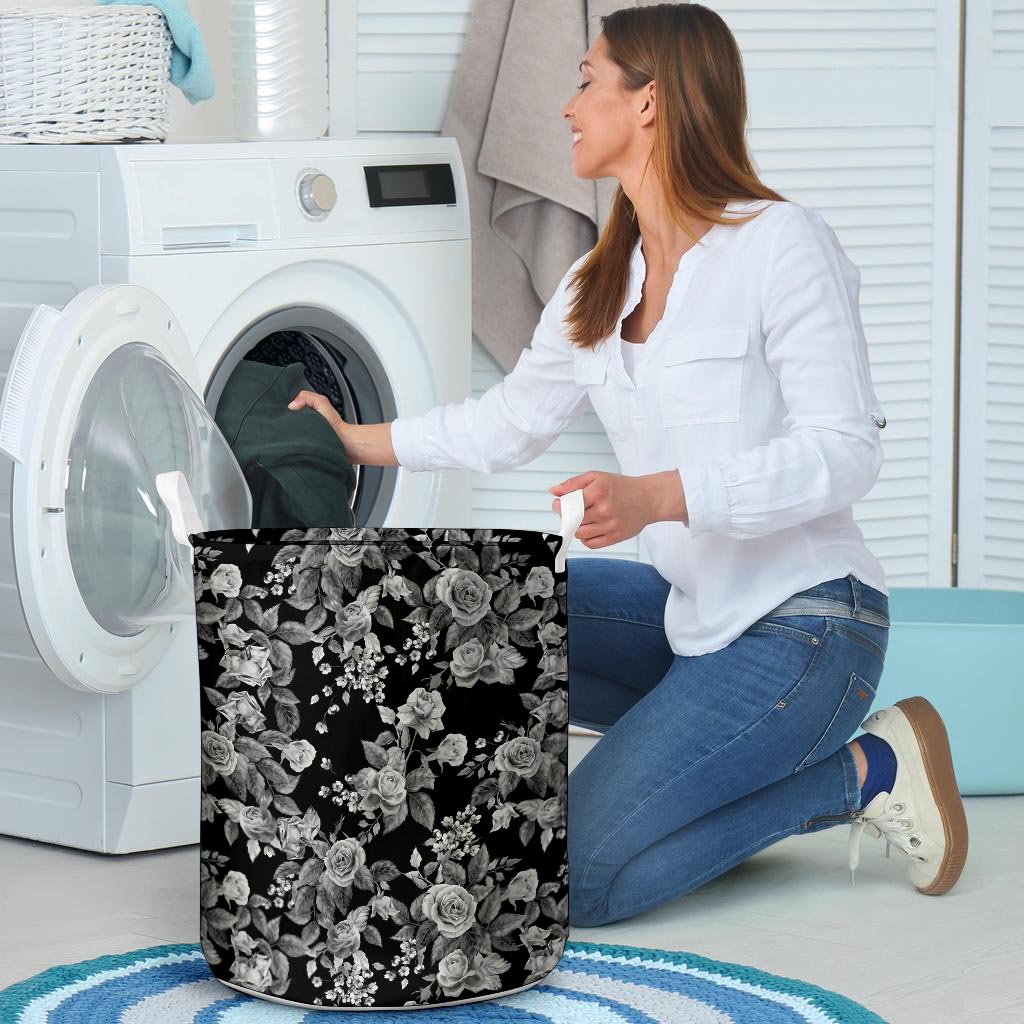 Black And White Rose Flower Laundry Basket-grizzshop