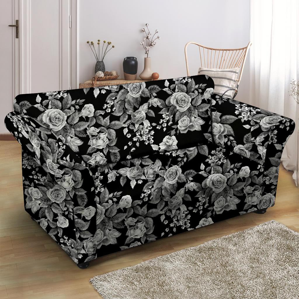 Black And White Rose Flower Loveseat Cover-grizzshop