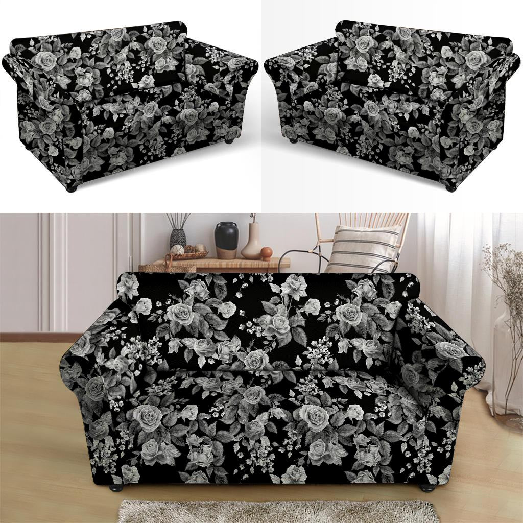 Black And White Rose Flower Loveseat Cover-grizzshop