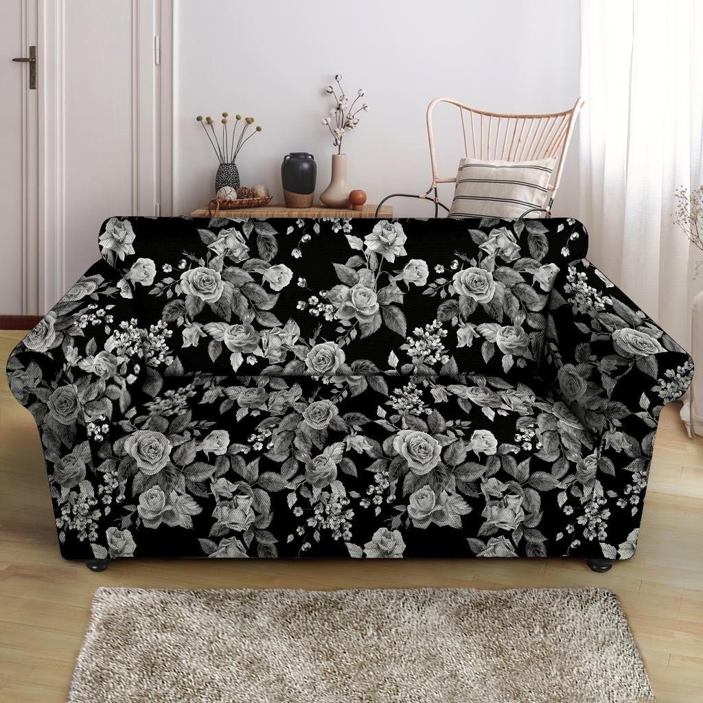 Black And White Rose Flower Loveseat Cover-grizzshop