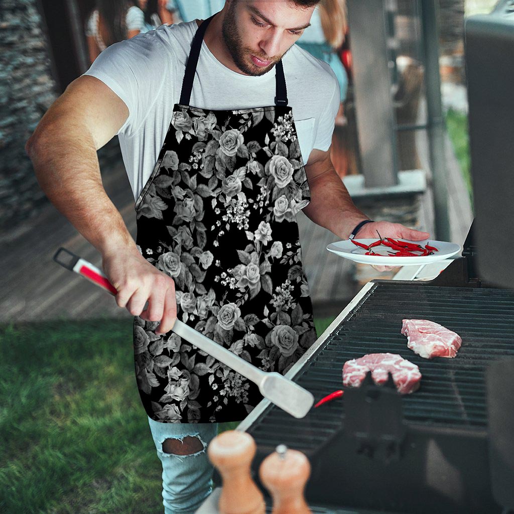 Black And White Rose Flower Men's Apron-grizzshop