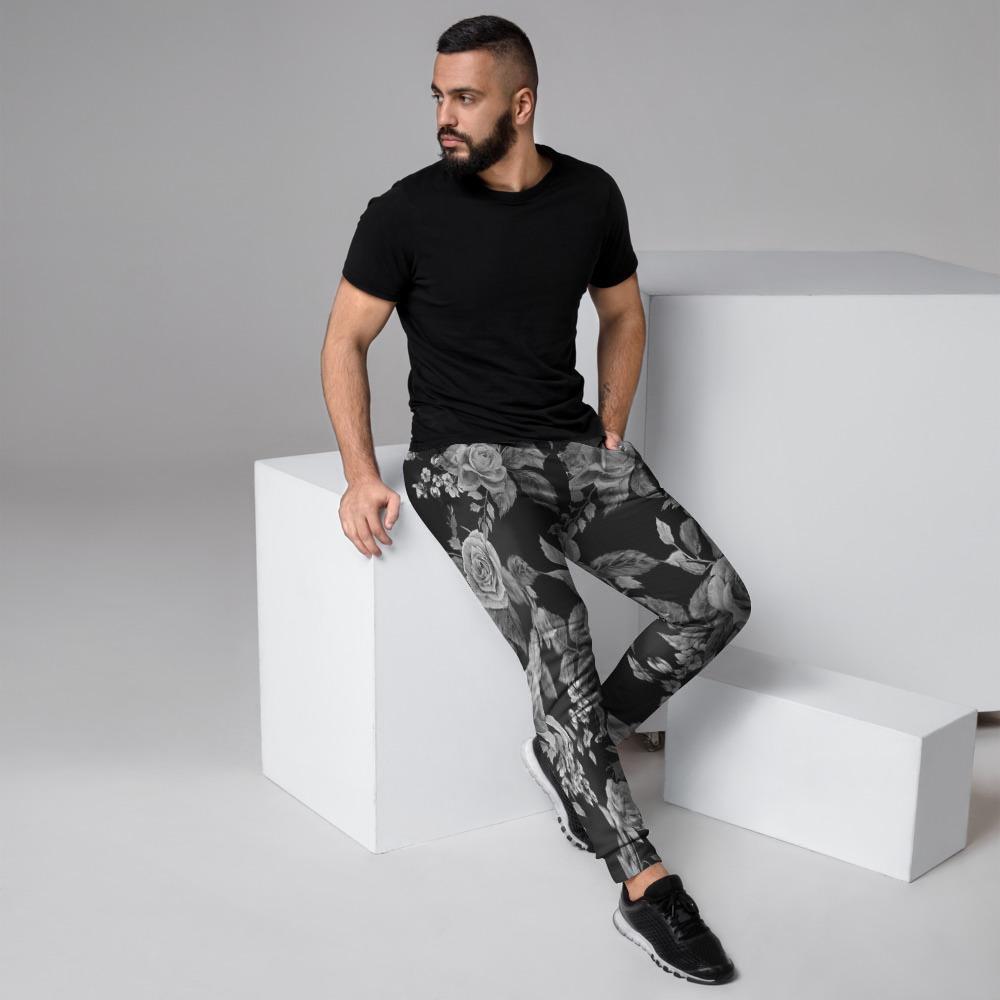 Black And White Rose Flower Men's Joggers-grizzshop