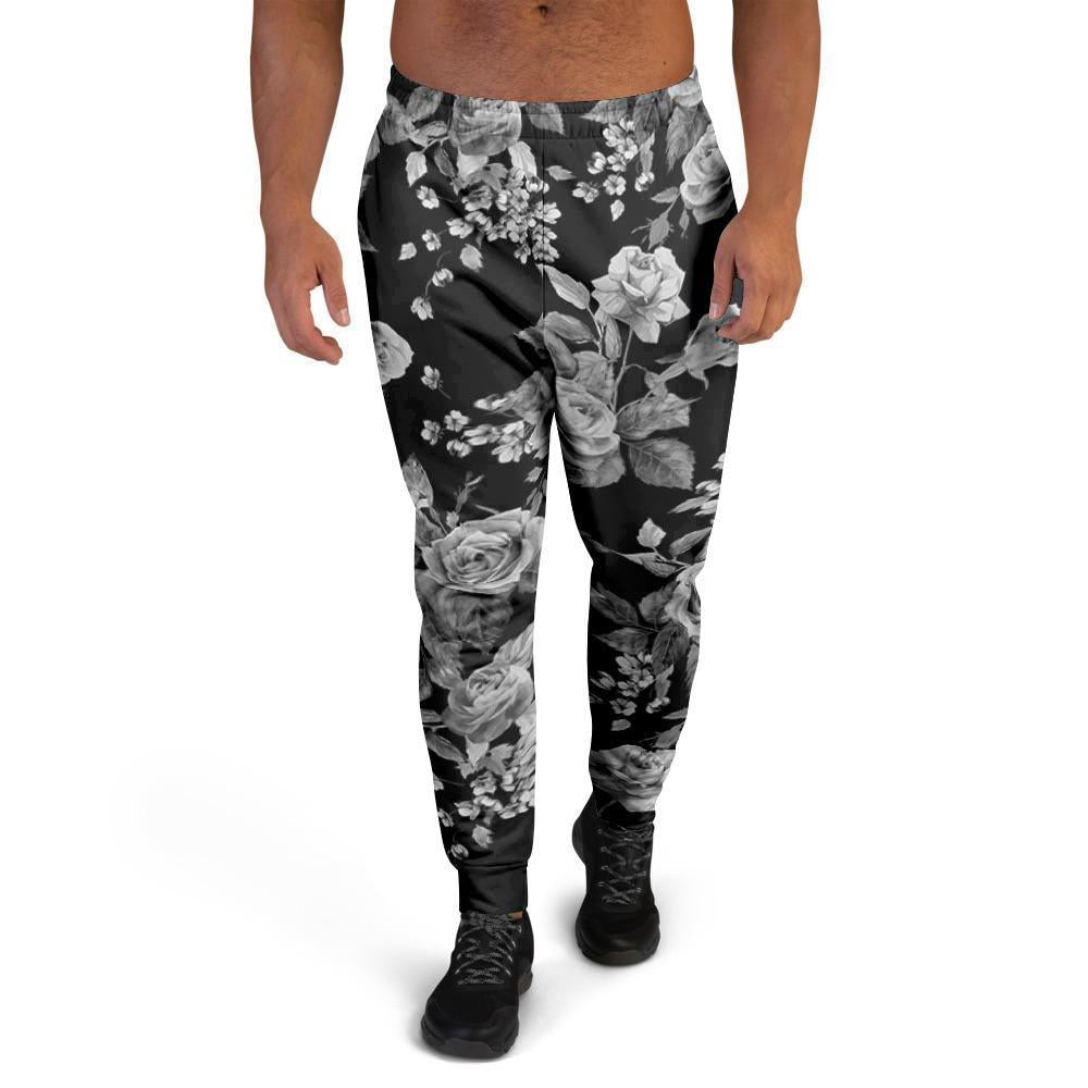 Black And White Rose Flower Men's Joggers-grizzshop