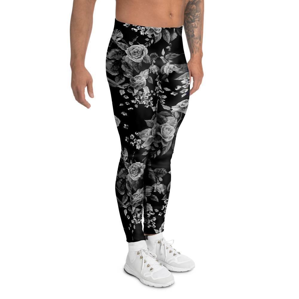 Black And White Rose Flower Men's Leggings-grizzshop