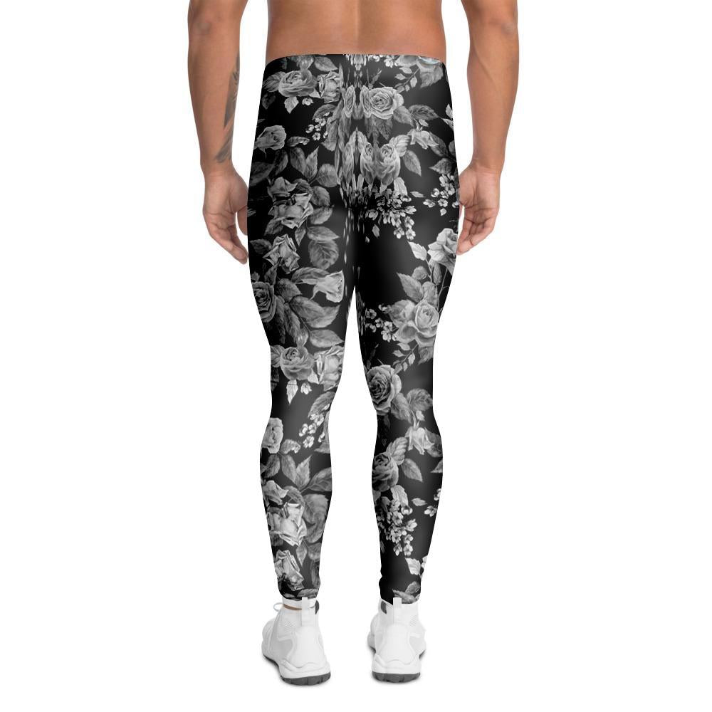 Black And White Rose Flower Men's Leggings-grizzshop