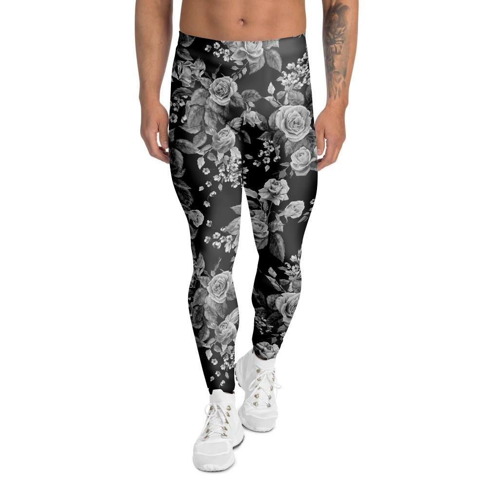 Black And White Rose Flower Men's Leggings-grizzshop