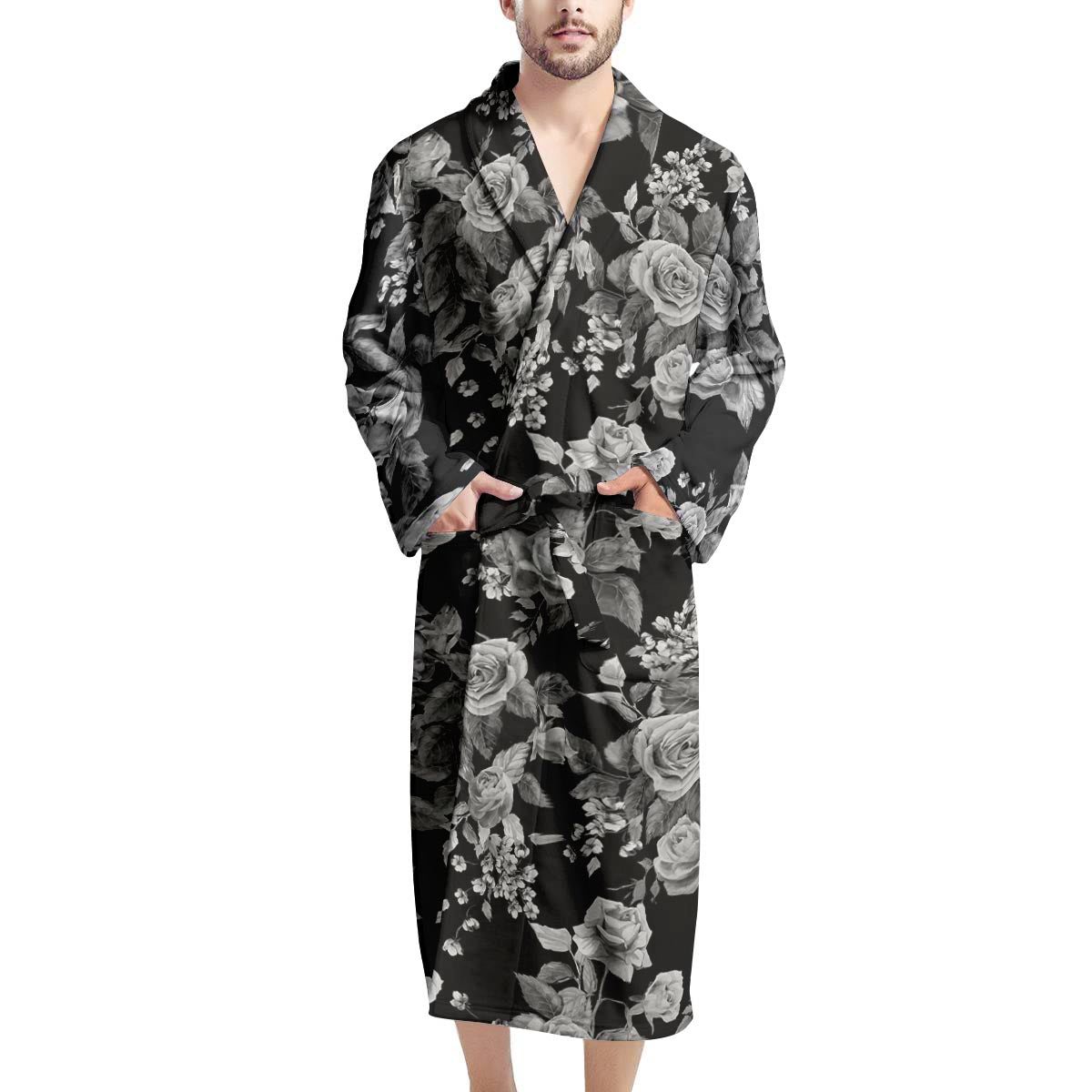 Black And White Rose Flower Men's Robe-grizzshop