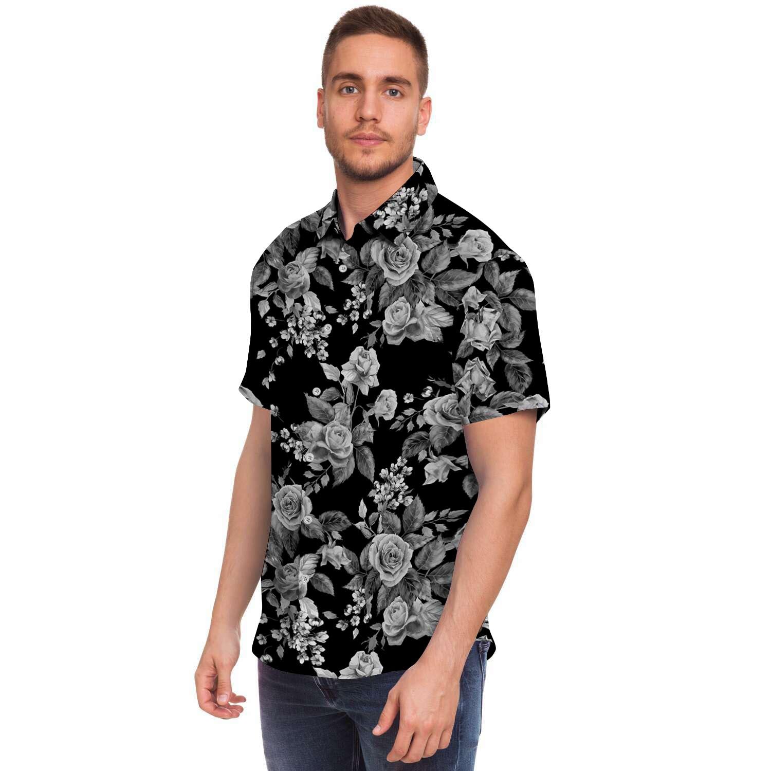 Black And White Rose Flower Men's Short Sleeve Shirt-grizzshop