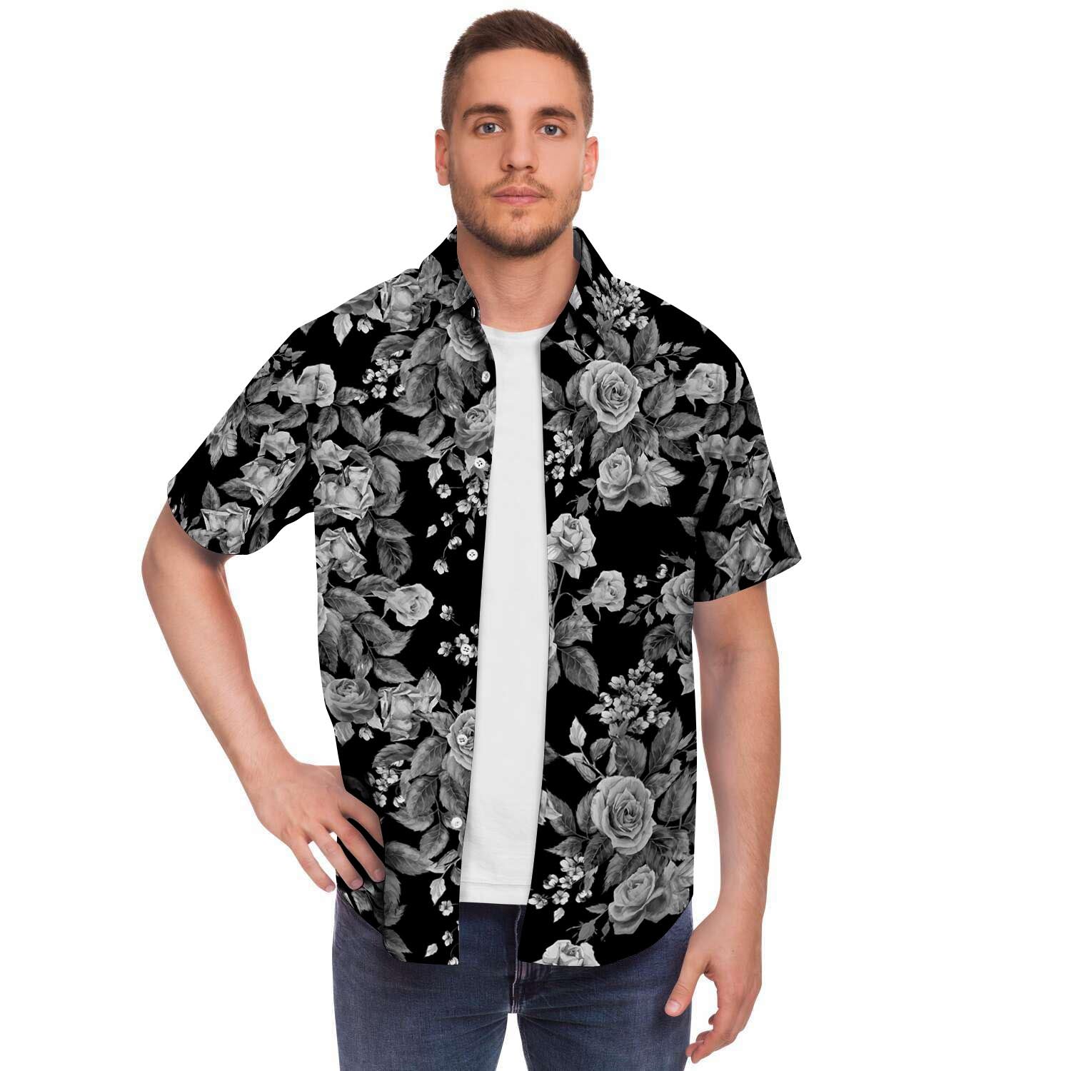 Black And White Rose Flower Men's Short Sleeve Shirt-grizzshop