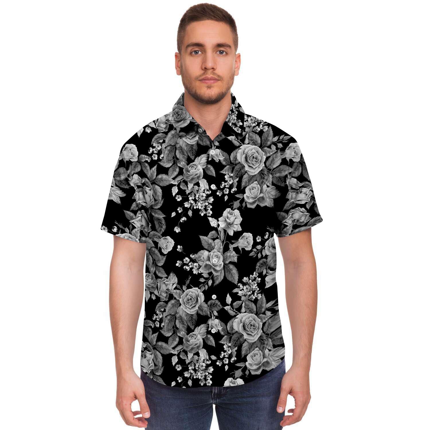 Black And White Rose Flower Men's Short Sleeve Shirt-grizzshop