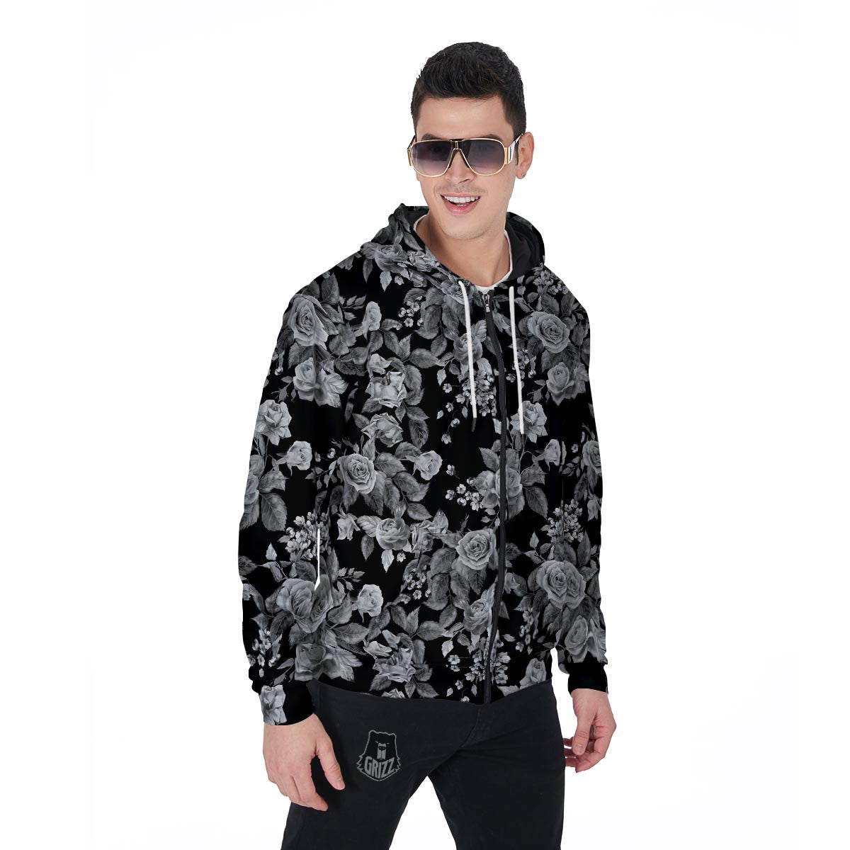 Black And White Rose Flower Men's Zip Up Hoodie-grizzshop
