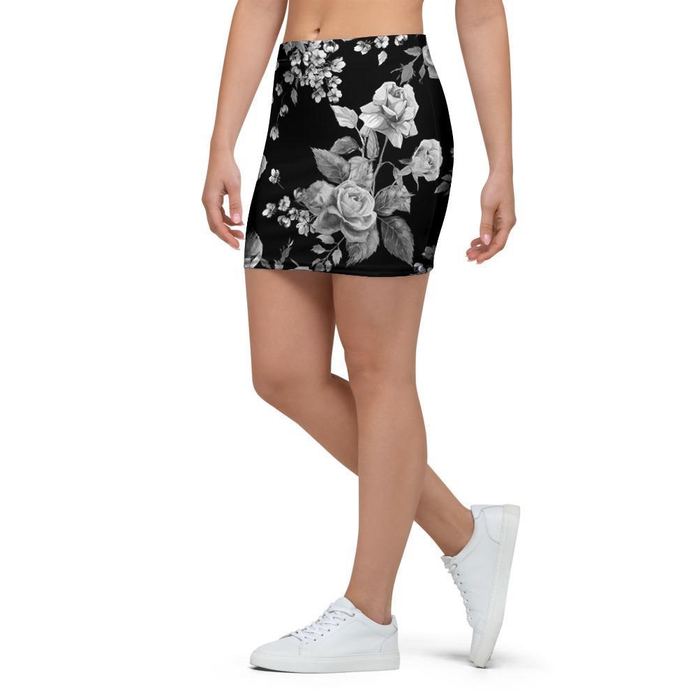 Black And White Rose Flower Mini Skirt-grizzshop