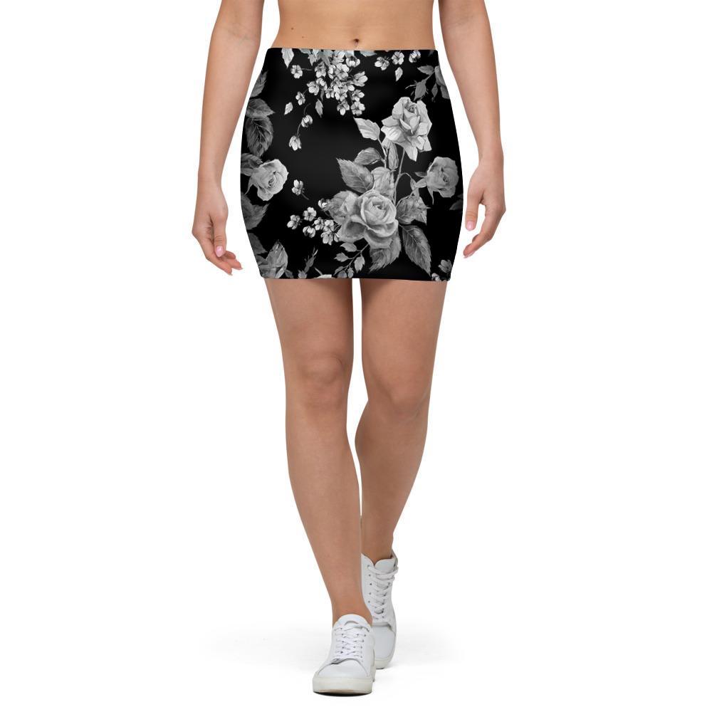 Black And White Rose Flower Mini Skirt-grizzshop